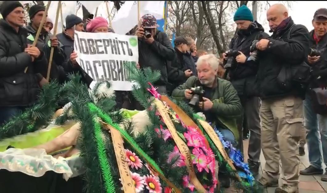 Противники продажи земли принесли под Раду свинью в гробу: опубликованы фото и видео