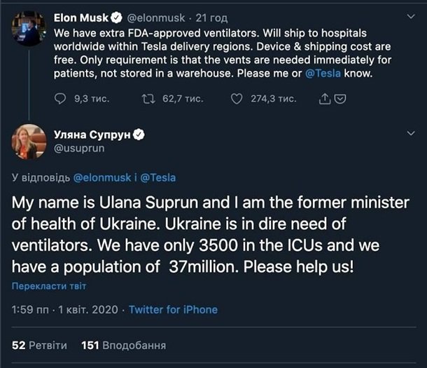 Супрун попросила у Маска аппараты ИВЛ для Украины