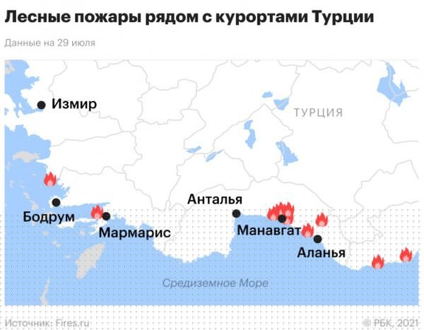 Пожежі в Туреччині підбираються до популярних курортів (карта поширення вогню)