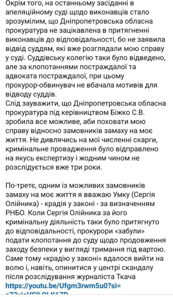 Прокуратура Дніпропетровської області стала, на мою думку, на захисті інтересів криміналітету: активістка звернулась до генпрокурора