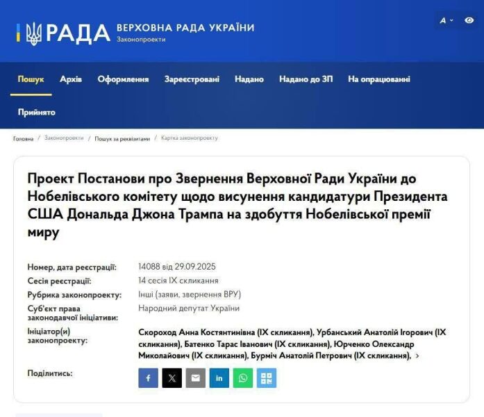 До&nbsp;ВР внесено законопроект щодо висунення президента США Трампа на&nbsp;Нобелівську премію миру